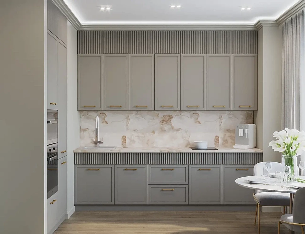 Кухня в тёплом монохроме с деревом, камнем и матовыми фасадами